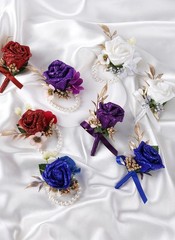 PartyforU Red Rose Boutonniere and Corsage Set – 2 Pcs Artificial Flowers
