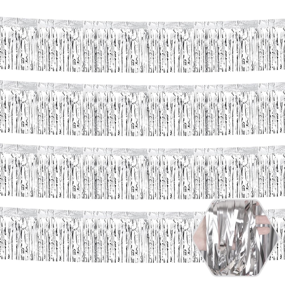 4 Pack 10 Feet Silver Foil Fringe Garland Metallic Tinsel Streamers Banner Wa…