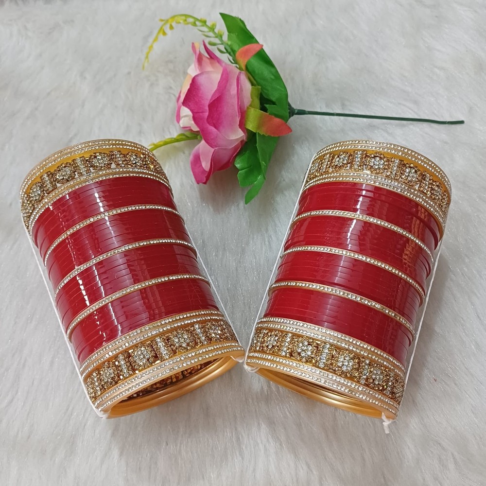 Bridal Maroon Chooda with gold cubic zirconia kadas,Bridal Chooda Set