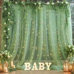 10x8ft Tulle Backdrop Curtain with Lights String 2 Panels(5*8FT) Olive Green