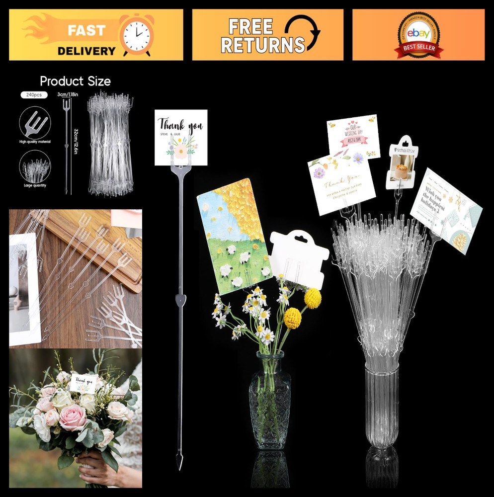 240 Pcs Clear Plastic Floral Picks, 12.6″ Card Holders for Bouquet Photos, Weddi
