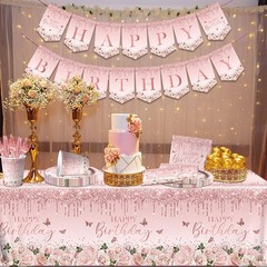 142Pcs Pink Rose Gold Birthday Party Supplies – Pink Birthday Party Tableware…