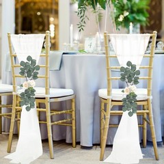 48 Sets White Chiffon Chair Sashes with Ribbon Bows & Eucalyptus for Wedding Ais
