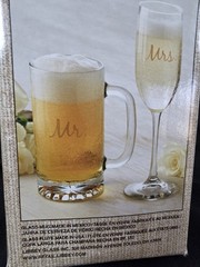 Libbey Mr & Mrs Toasting Set of 2 Glass Mug 16oz Flute 7.25oz w Box Wedding Gift
