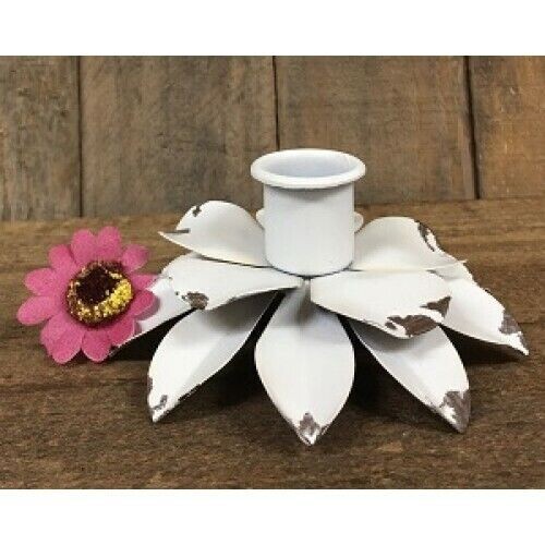 NEW SHABBY WHITE FLOWER Taper Candle Holder 4″ Wide Metal Chippy Cottage Chic