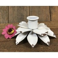 NEW SHABBY WHITE FLOWER Taper Candle Holder 4″ Wide Metal Chippy Cottage Chic