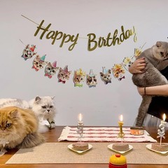 Happy Birthday Cat Banner Garland Funny Decor Cat Face Bday Party Bunting Dec…