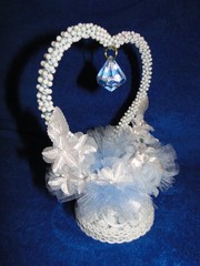 New White Pearl & blue bead Heart with tulle & white floral Wedding CakeTop 416