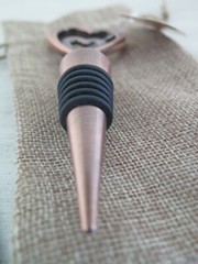 One Love, One Heart Copper Wine Bottle Stopper in Burlap Bag $25