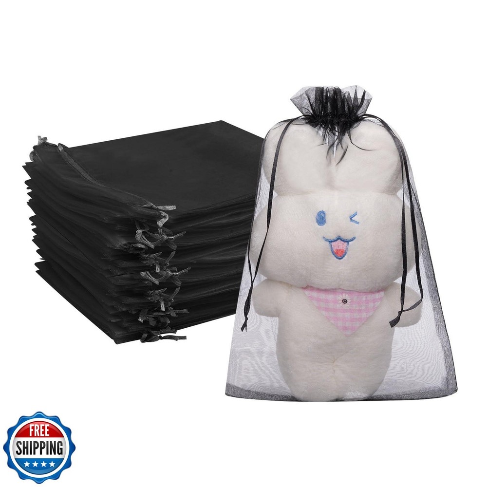 FUNFERY 100 Pcs Black Organza Bags 6.5×9 in, Small Mesh Drawstring Gift Bags