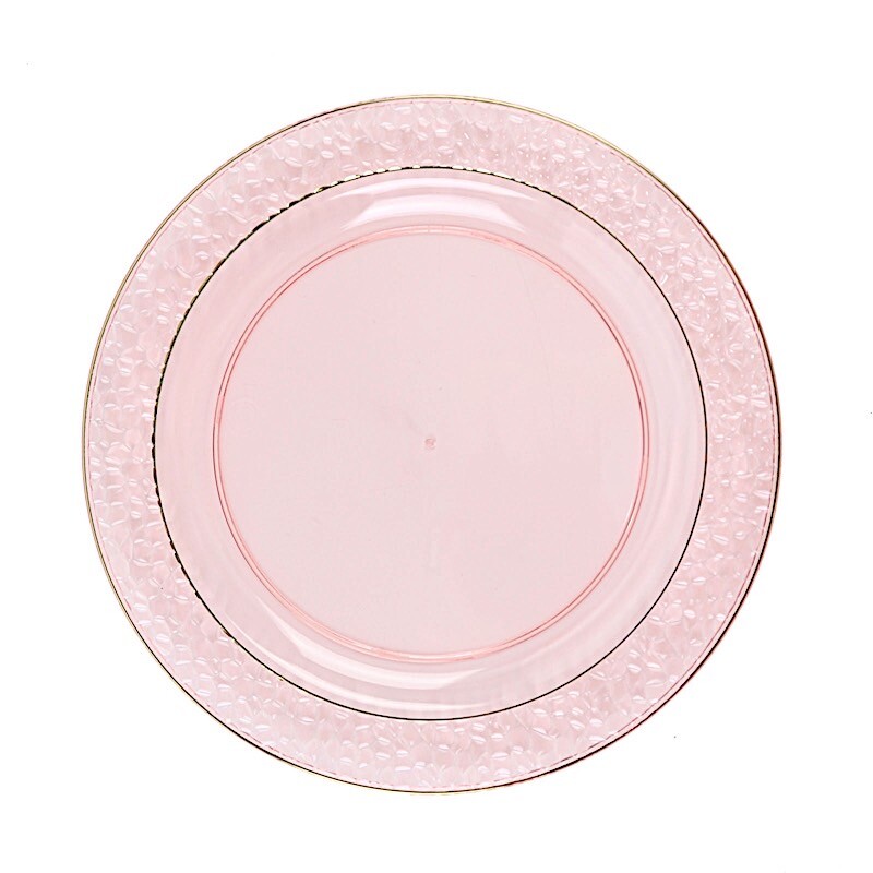 7.5″ Blush Round Plates Hammered Rose Gold Trim Wedding Disposable Tableware