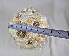 Handmade Satin Rose Ribbon Wedding Bouquet Artificial Bridal Pearls Beads Ivory