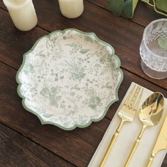 25 WHITE SAGE GREEN 10″ Floral Leaf Print Paper PLATES Scalloped Rim Party Event