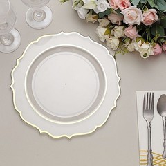 10 CLEAR 10.5″ Round Plastic Dinner Plates GOLD Scalloped Rim Events Wedding