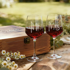 Mr and Mrs Wine Glass Gift Set with Opener Stopper and Wooden Box