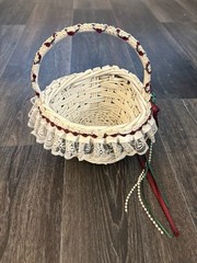 White Flower Girl Heart Shaped Woven Basket Lace Roses Beaded Ribbon Cottagecore