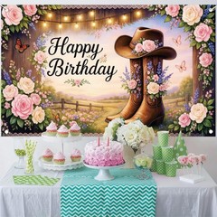 Western Cowgirl Birthday Backdrop Banner Country Boot Hat Floral Glitter Brow…