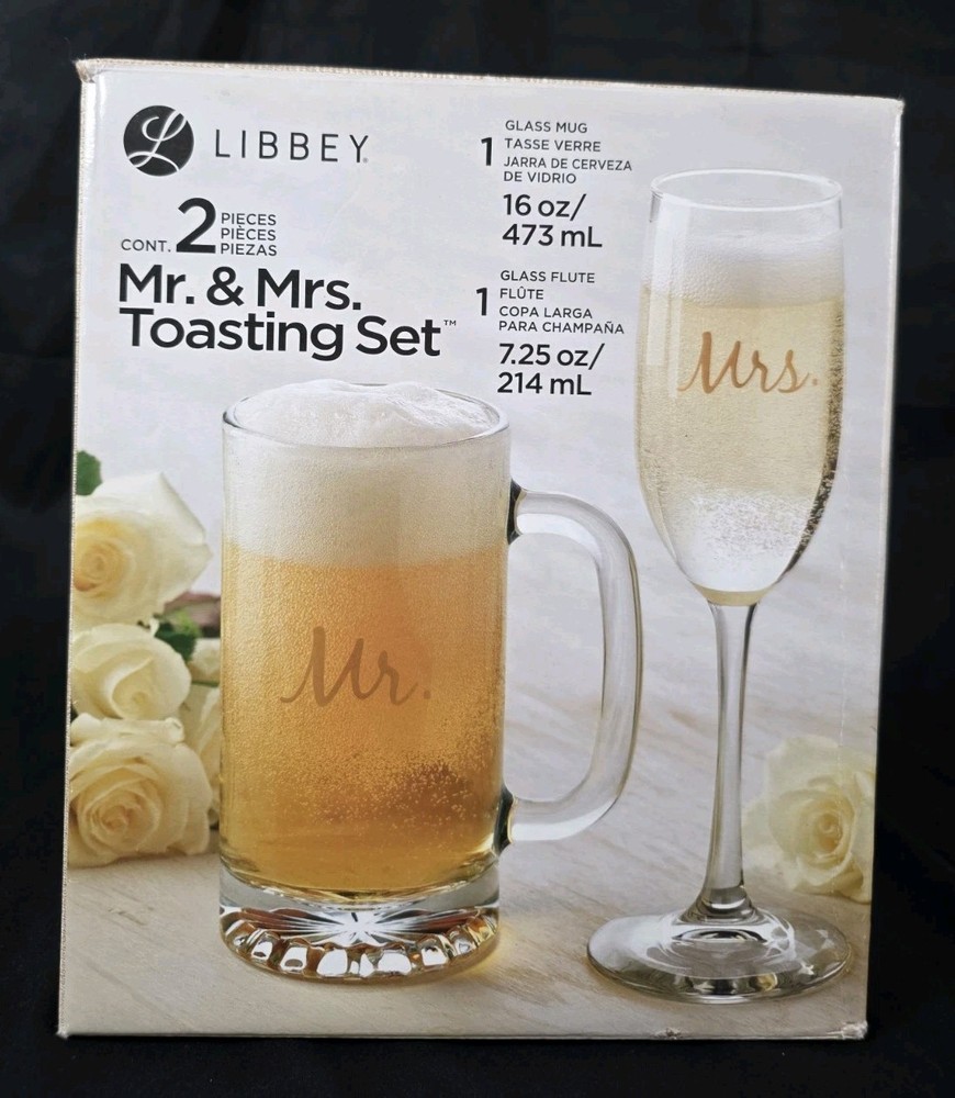 Libbey Mr & Mrs Toasting Set of 2 Glass Mug 16oz Flute 7.25oz w Box Wedding Gift