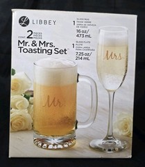 Libbey Mr & Mrs Toasting Set of 2 Glass Mug 16oz Flute 7.25oz w Box Wedding Gift