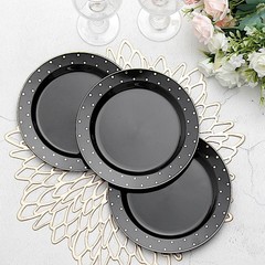 10 Round 10″ Black Plastic Dinner Plates with Gold Dotted Rim Party Catering