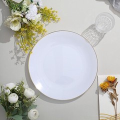 WHITE 10 Glossy 10″ Round Plastic Salad PLATES Gold Rim Party Events Decorations