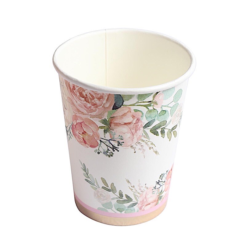 24 White 9 oz Pink Peony Flower Design Paper Cups Party Events Home Decorations
