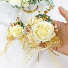 Ayieyill Ivory Rose Wrist Corsage Wristlet Band Bracelet and Boutonniere Set for