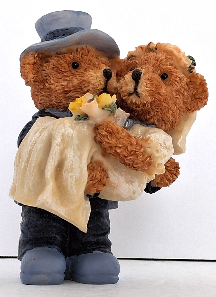 Teddy Bear Wedding Couple Figurine 4 in Tall Carrying Her Over the Threshold