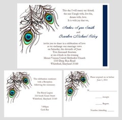100 Personalized Custom Peacock Feathers Bridal Wedding Invitations Set