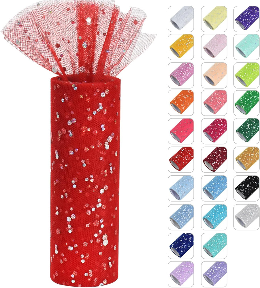 Red Glitter Tulle Rolls 6 Inch by 10 Yards Sequin Tulle Fabric Ribbon for DIY Tu