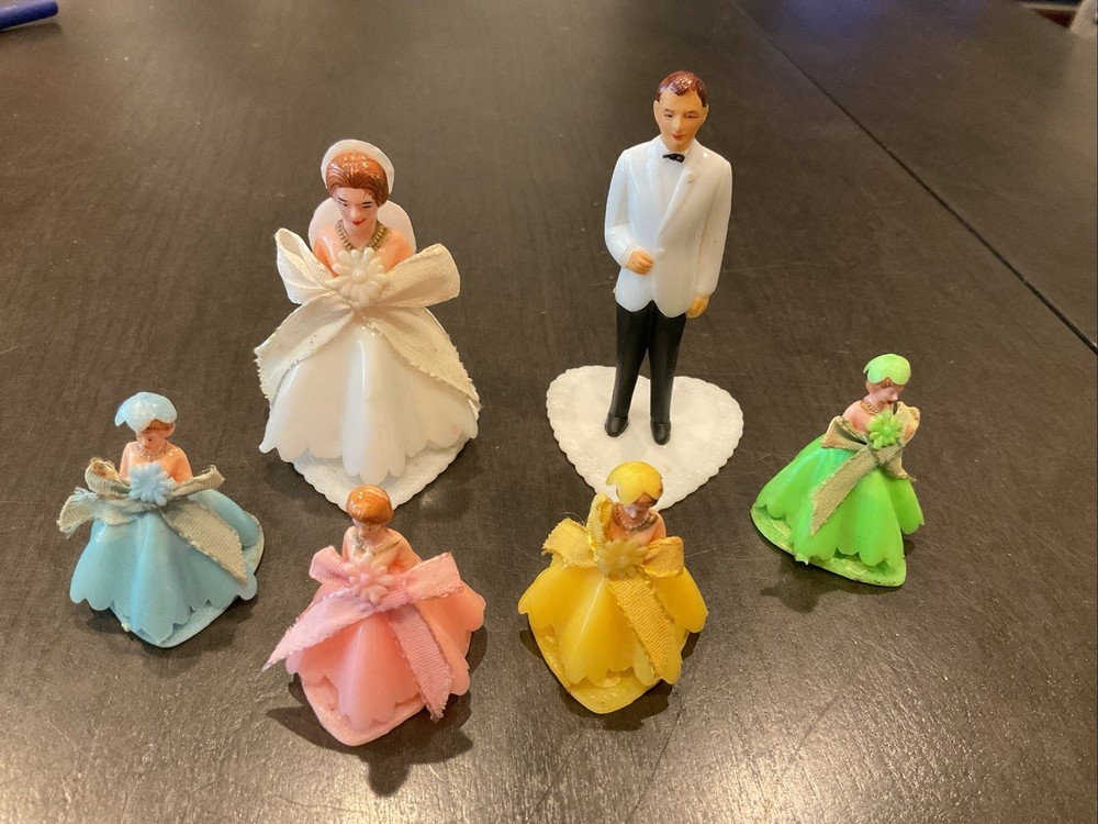 Vintage 1950s Wedding Cake Topper Bride Groom & 4 Bridesmaids