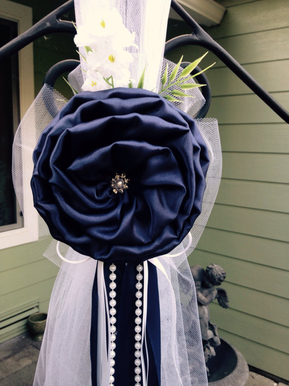 Navy Blue Pew Bows Chair Bows White Wedding Church Aisle decorations Arch decor