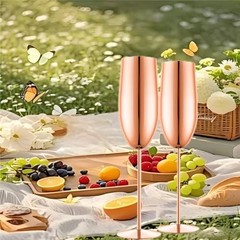 Stainless Steel Champagne Flutes Set of 2-Unbreakable Metal Long Rose Gold
