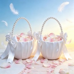 Wedding Flower Girl Baskets Pearl Handle Satin Bow Bridal Ceremony Decor 2 Pack