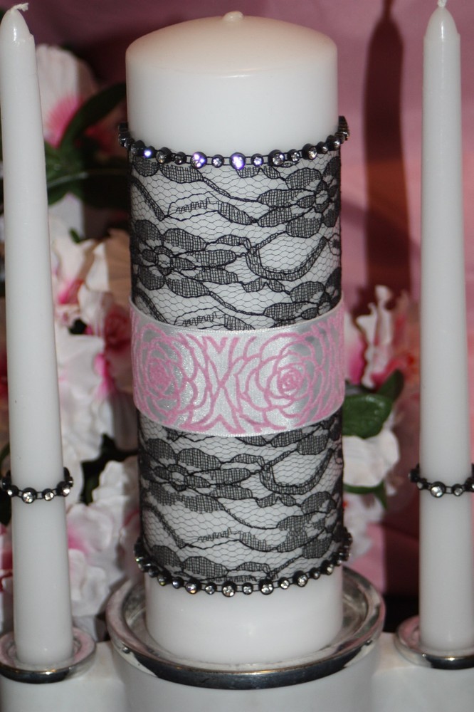 Light Pink Black Damask Diamond Rhinestone Wedding White Unity Candle Set