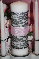 Light Pink Black Damask Diamond Rhinestone Wedding White Unity Candle Set