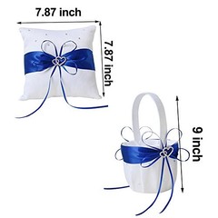 2pcs Wedding Set White Satin and Royal Blue Flower Girl Basket and Ring Pillow