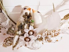 Vtg MCM Wedding Cake Topper Decor Birds Love Heart Glitter Pearl Beads Feather