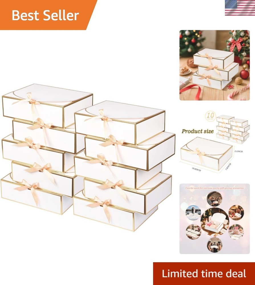10-Pack Luxury White Gift Boxes 10.6×7.8×3.1 Inches with Gold Trim for Occasions
