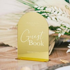 Gold Acrylic Wedding Guest Book Sign W/ Base Rustic Table Decor 5×7 inches New