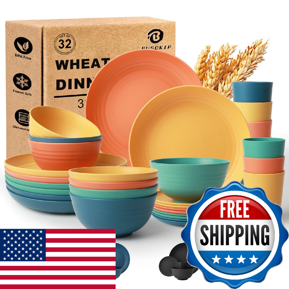 BUSOKIP Wheat Straw Dinnerware Sets for 8, Unbreakable Plates and Bowls Sets for