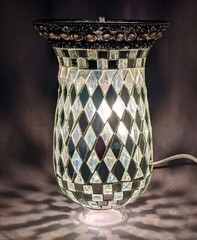 Candle Holder 5″D 10.5″Hi Set/2 Nickel Plated & Mirror Mosaic Shade FREE SHIPING