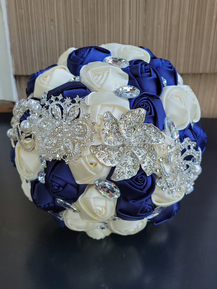 8″ Navy Blue Satin Rose Bridal Wedding Brooch Bouquet with Sparkle Rhinestones
