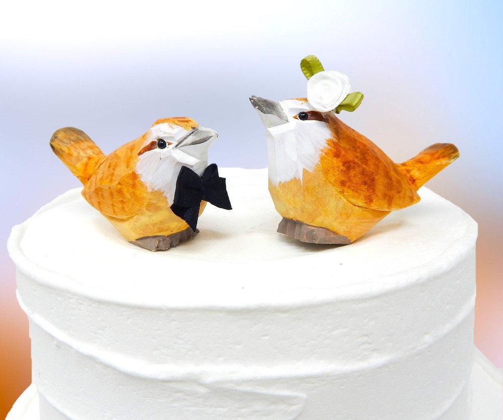 Wren Bird Cake Topper Bride Groom Love Wedding Engagement Carved Wood Statue