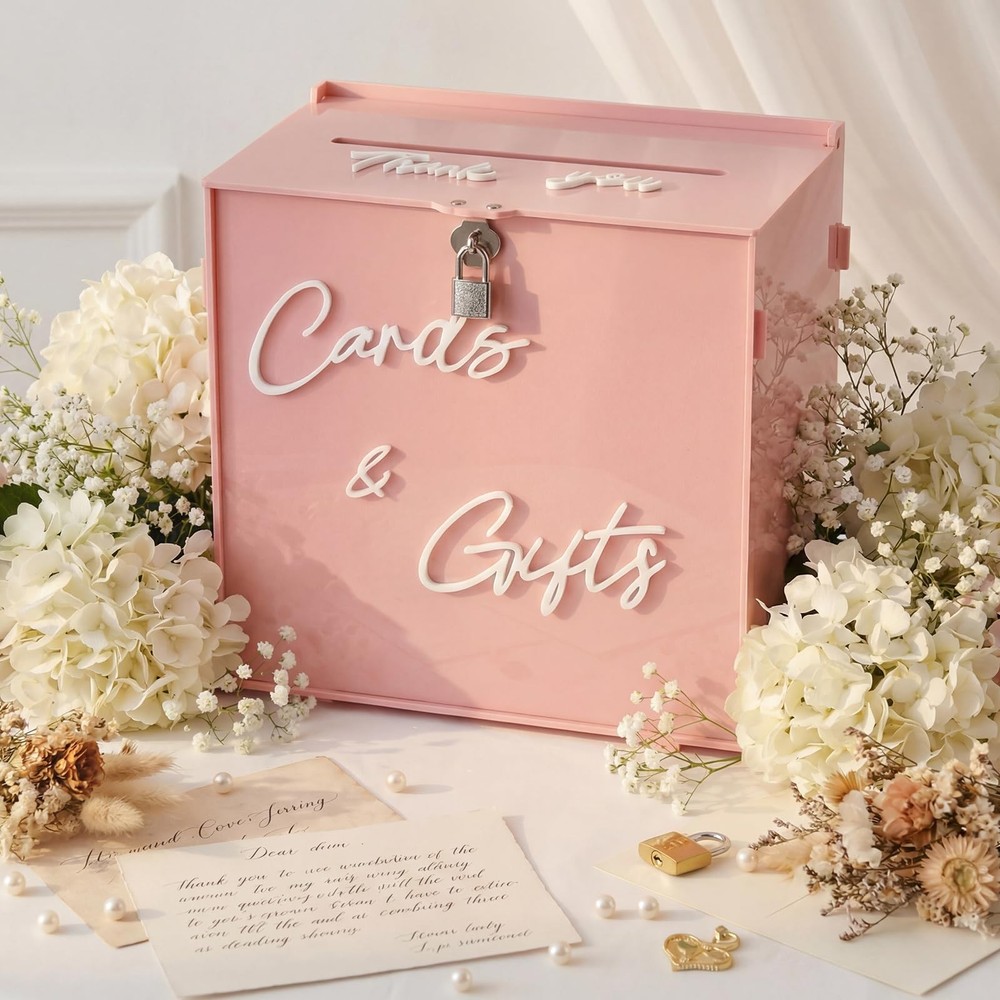 Light Pink Acrylic Wedding Card Box Slot Lock 10x6x10 Inch Money Gift Party