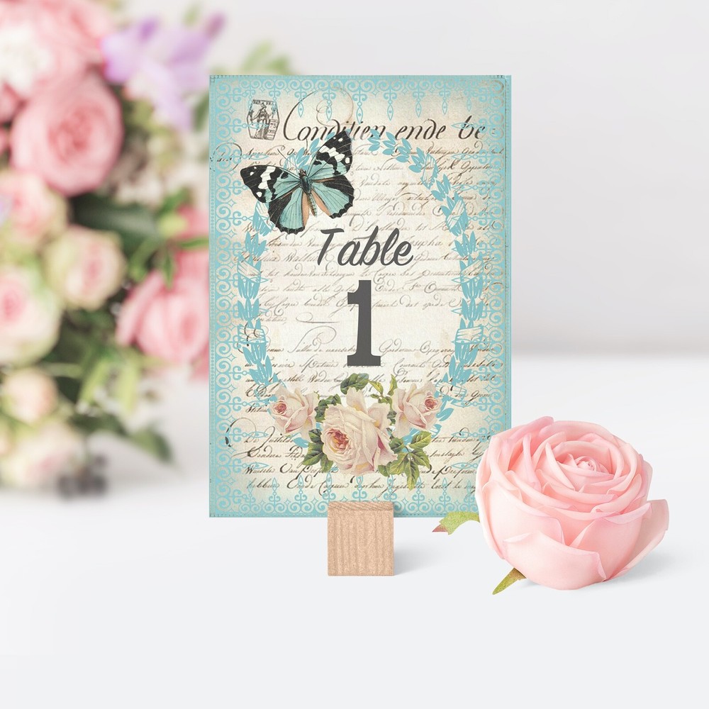 Vintage Style Wedding Table Numbers Names Cards – Shabby Chic Blue Butterfly