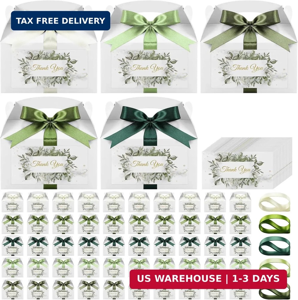 Gueevin 50 Set Wedding Thank You Boxes with Handles Ribbon Label 6×3.4×3.5» Gab