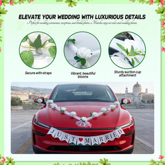 15 Pcs Luxury Wedding Car Decoration Kit – White Rose Bouquet with Tulle Ribbon