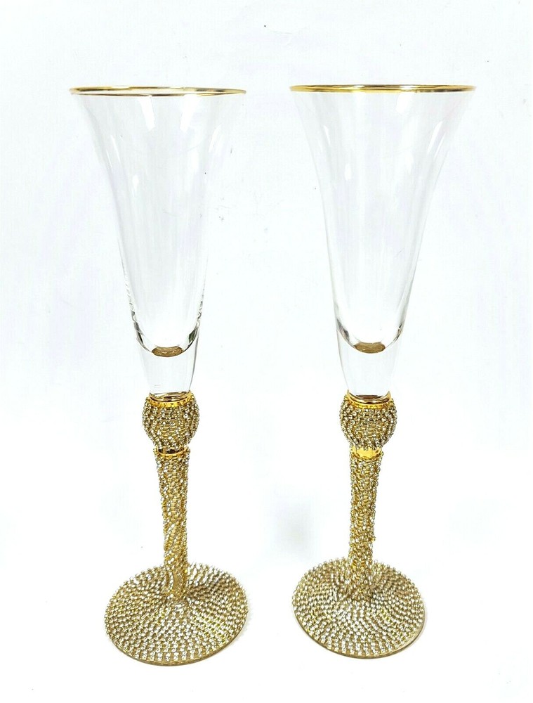 SET OF 2 GOLD RIM,SPARKLING CRYSTALS STEM,BASE CHAMPAGNE,FLUTE GLASS,HAND MADE