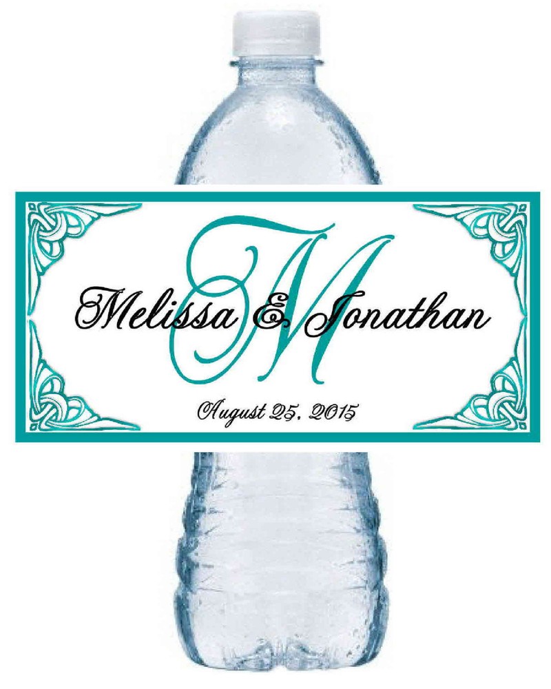100 TEAL MONOGRAM WEDDING FAVORS WATER BOTTLE LABELS Waterproof Ink